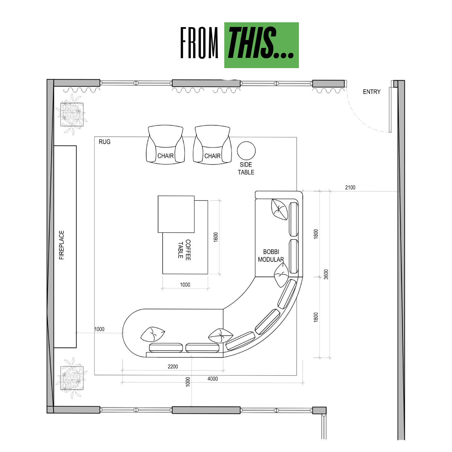Scaled floor plan drawing showing furniture layout — from this